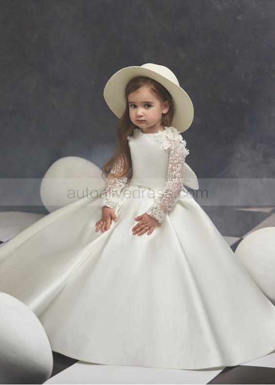 Long Sleeves Beaded Lace Satin Keyhole Back Flower Girl Dress